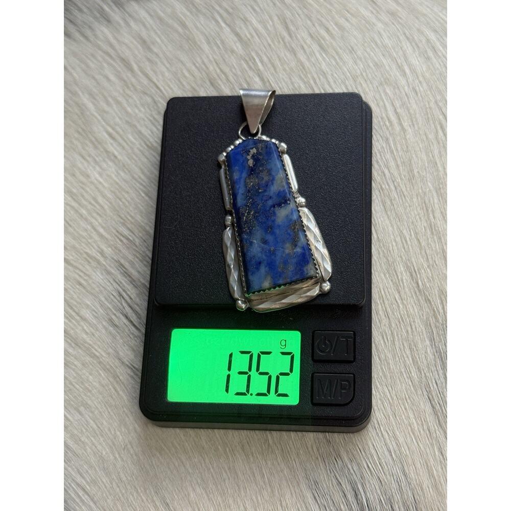 Zuni New Mexico Sterling Silver K. C. Signed Huge Lapis Lazuli Long Pendant - Picture 8 of 12